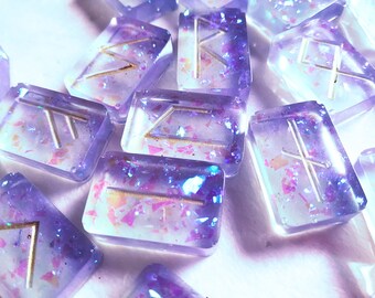 Resin Rune Set, 25 runes, Translucent holographic, with purple glitter