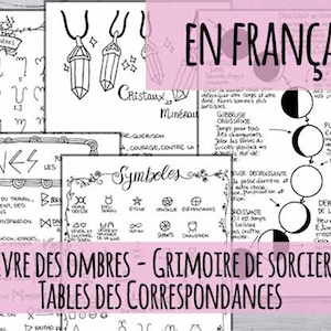 Puede incluir: Una colección de páginas en blanco y negro con texto e ilustraciones manuscritos. Las páginas incluyen títulos como "Runas", "Símbolos" y "En Français". También es visible la frase "Livre des Ombres - Grimoire de Sorciere Tables des Correspondances".