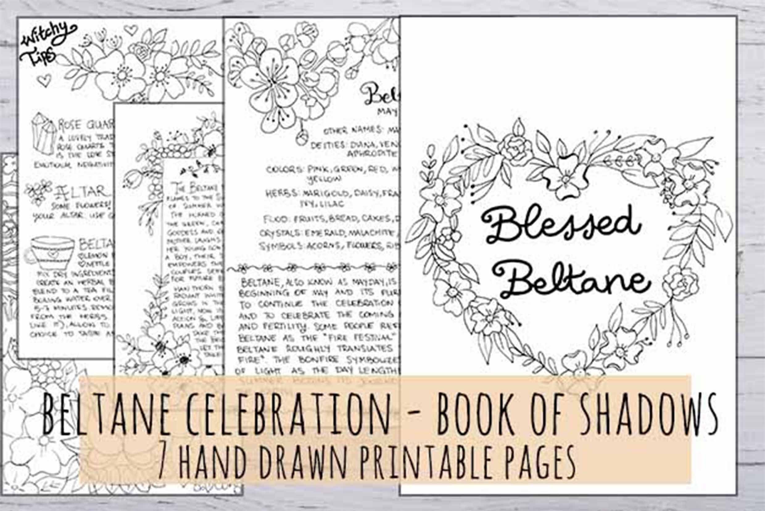 Beltane Celebration! Printable Book of shadows, 7 hand drawn pages in 3 sizes