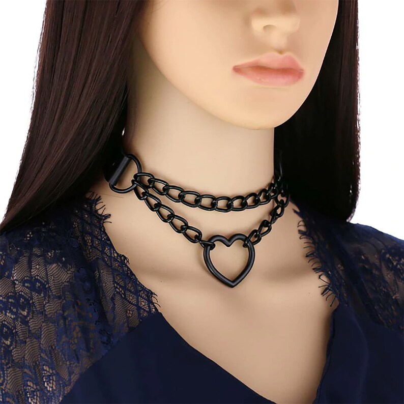 Heart Choker Necklace With Black Chain Gothic Collar 5 - Etsy