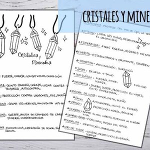 May include: A black and white illustration of three crystal pendants with the text "Cristales y Minerales" below. A list of crystals and minerals with their properties in Spanish is shown on the right side of the image.
