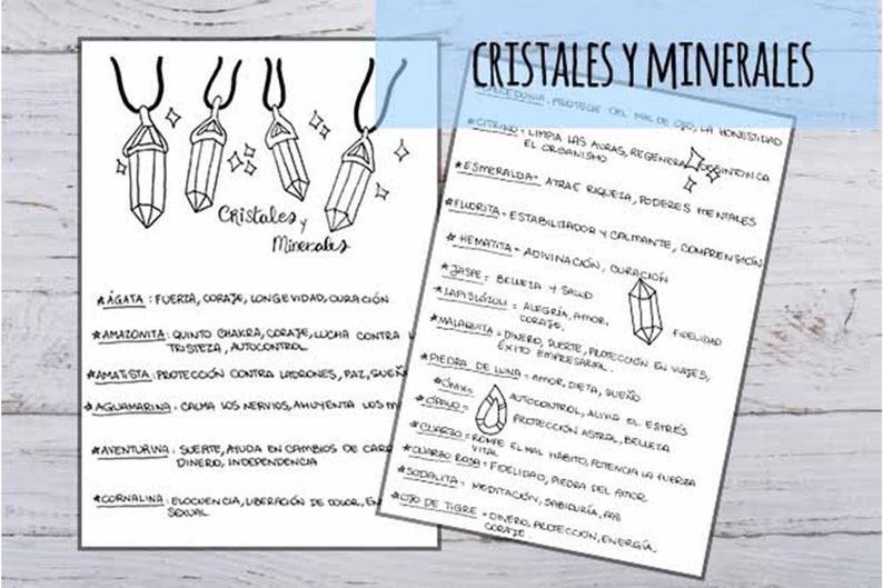 May include: A black and white illustration of three crystal pendants with the text "Cristales y Minerales" below. A list of crystals and minerals with their properties in Spanish is shown on the right side of the image.