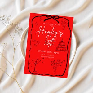 Invitación de cumpleaños número 30 con lazo y línea fina en rojo y negro, plantilla moderna, invitación de cumpleaños número 30, invitación moderna de cumpleaños número 30, digital