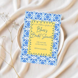 Mediterranean Bridal Shower Invitation Template: Yellow & Blue Floral (Digital Download, 5x7in