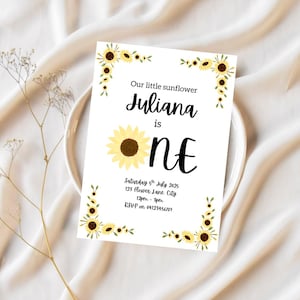 Sunflower 1st birthday Invitation, Yellow Sunflower invite, First Birthday Flower Invite, Editable First Birthday Invite