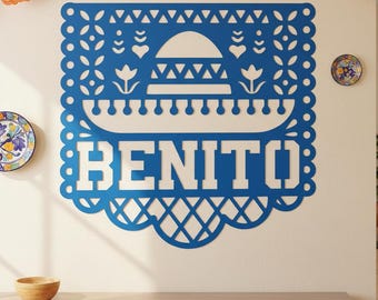 Anpassad Papel Picado metallskylt, Personlig mexikansk Fiesta-dekor, Metal Papel Picado-väggkonst, Fiesta-födelsedagsfestdekor, Papel Picado-skylt