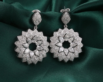 Natural Diamond Floral Earrings for Women, 18k Solid White Gold, 3.16 Carat Diamond, Anniversary Gift for Her, Handmade Fine Jewelry