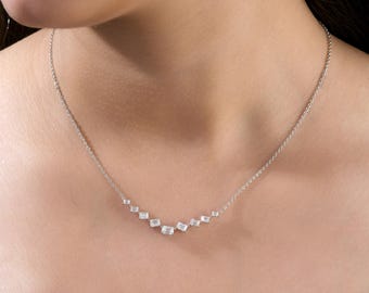 Natural Diamond Station Necklace 1.65 Ct , Solid 18k White Gold, Lab Diamond Pendant Necklace Gift for Women