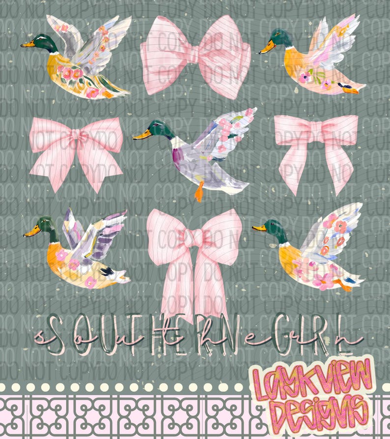 K&ouml;nnte beinhalten: Ein digitales Design mit Aquarellenten mit floralen Fl&uuml;geln und rosa Schleifen. Die Enten haben gr&uuml;ne K&ouml;pfe und orangefarbene F&uuml;&szlig;e. Der Text "SOUTHERN GIRL" wird in einer Schreibschrift angezeigt, mit dem Logo "LOKVIEW DESIGNS" unten.