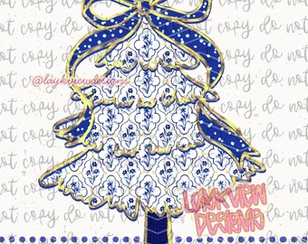 Christmas Tree PNG | Blue and Gold | Chinoiserie Holiday PNG