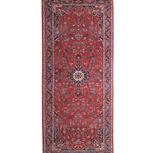 Handmade Persian Runner Rug 1.98 x 0.83 m – Red Wool Hallway Rug – Vintage Floral Medallion – Hand-Knotted Oriental Carpet**