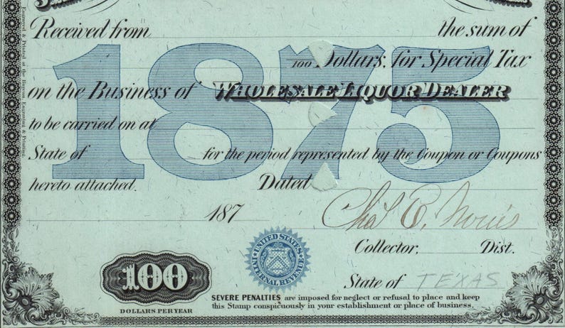 Original Antique 1875 MOONSHINE Still Liquor License BAR Brewery Brewer ...
