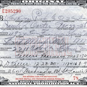 12/22 1930 Carter Keller Prohibicja Whiskey Oryginalna recepta Lekarz Apteka Bar Pub Jaskinia Człowieka Saint St Louis MO Missouri Speakeasy Bar