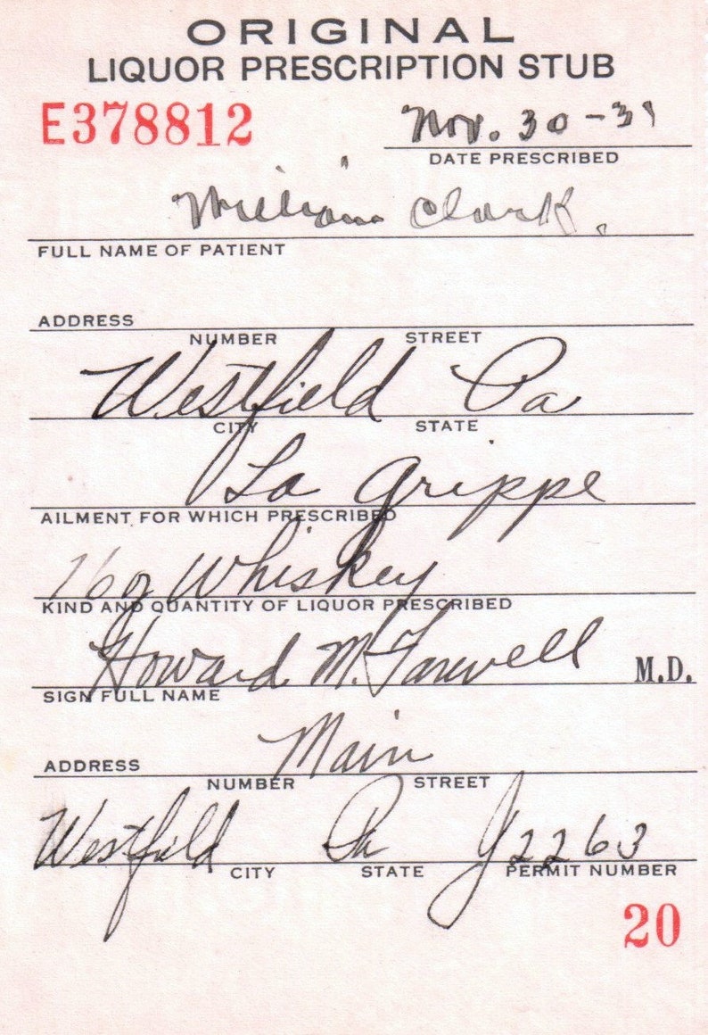 11/30 1931 Clark Prohibition Whiskey Flu Prescription Westfield PA Doctor's Stub Pharmacy Gift Medicine History Bar image 1