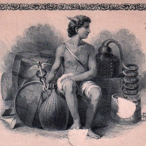 May include: A detailed engraving depicting a seated figure with a winged helmet, alongside barrels, a still, and a large bottle. The image has a vintage style, with intricate shading and a subdued colour scheme.
