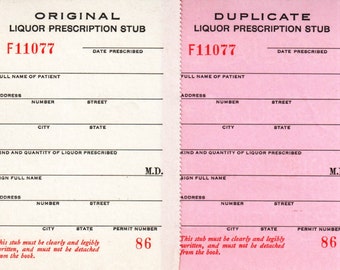 2 Original Vintage Prohibition Medicinal Rum Gin Wine Whiskey Prescription Stubs Valentine&#39;s Day Doctor Nurse Friend Gift Pharmacy Speakeasy