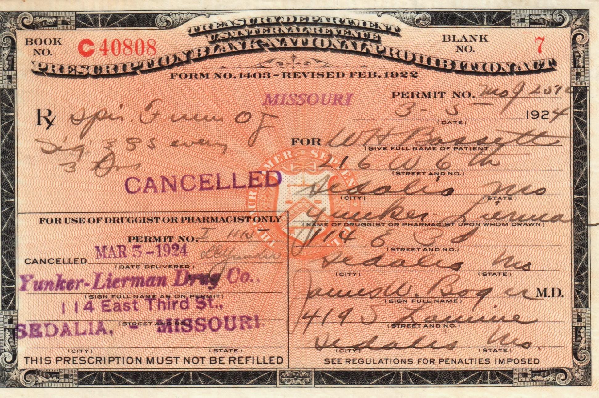 3/5 1924 Bassett Pharmacy Prohibition Whiskey Pint Prescription Doctor Pharmacist Nurse Gift Bar Antique Sedalia MO Speakeasy Rare Missouri
