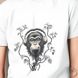 Chimpanzee Ape Head Shirt, 100% Cotton S-4XL  – Monkey Face with Headphones Music Graphic Unisex Tee