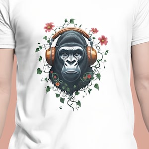 Gorilla Monkey Cotton T-Shirt S-4XL  – Cool Headphones & Flowers Streetwear Graphic Tee