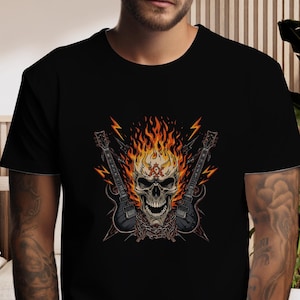 Flaming Skull T-Shirt, 100% Cotton Eternal Flame Skeleton Face with Guitars Music Fans Tee, Halloween Unisex Top S-4XL