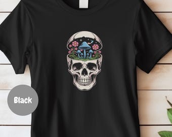Gepersonaliseerd vintage psychedelisch schedel T-shirt met bloemen, T-shirt met menselijke schedel, paddenstoelkunstdecoratie