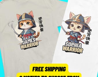 Personalized Cat Samurai Cotton T-Shirt S-XL for Kids  – Ninja Cat Graphic Tee, Japanese Kawaii Style