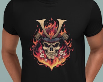 Personalized Flaming Skull T-Shirt, 100% Cotton Eternal Flame Samurai Skeleton Face Of Tee, Halloween Unisex Top S-4XL