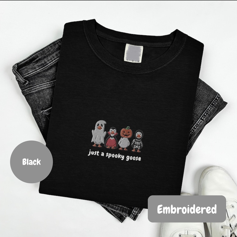 Embroidered Spooky Goose Shirt, Halloween TShirt, Witchy Silly Goose Lover Tee, Girly Halloween Gift, Trick or Treat Outfit