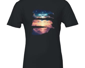 Personalisiertes T-Shirt mit surrealem UFO-Himmel-Motiv, 100 % Baumwolle, Größen S–4XL – Psychedelisches Kosmos-Grafik-T-Shirt