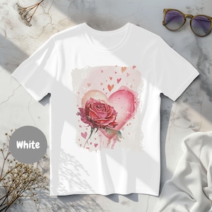 Aquarell-Rosenherz-T-Shirt mit Print, Vintage-Blumenmuster, Cottagecore-Stil, Retro-Boho-Valentinstag-Top, Unisex-Damen