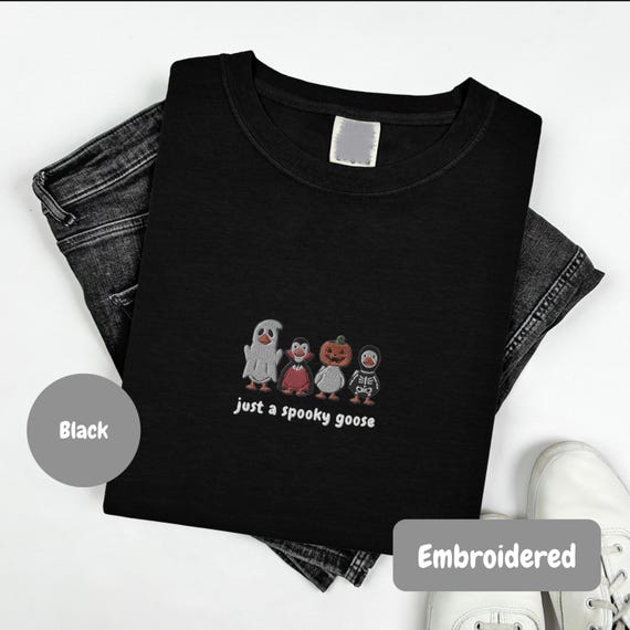 Personalized Embroidered Spooky Goose Shirt, Halloween TShirt, Witchy Silly Goose Lover Tee, Girly Halloween Gift, Trick or Treat Outfit