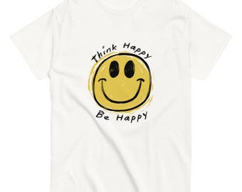 Think Happy Be Happy Smiley Shirt – Positive Quote T-Shirt – Retro Yellow Face Tee – Feel Good Gift – Unisex Cotton
