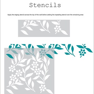 K&ouml;nnte beinhalten: Zwei Schablonen zum Erstellen eines floralen Designs an einer Wand. Die obere Schablone ist ein Rand mit Bl&auml;ttern und Blumen. Die untere Schablone ist ein sich wiederholendes Muster aus Bl&auml;ttern und Blumen.