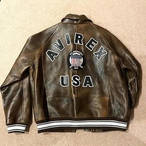Avirex USA Icon Edition Jacket Men’s Brown Leather Bomber Jacket Military Aviator Style Genuine Cowhide Leather Gift for Him