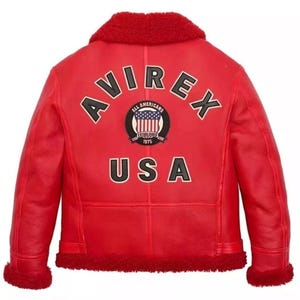 Avirex USA Icon Leather Bomber Jacket Mens Red Avirex Jacket Genuine Cowhide Leather Jacket with Faux Fur Best Gift For Him / Her