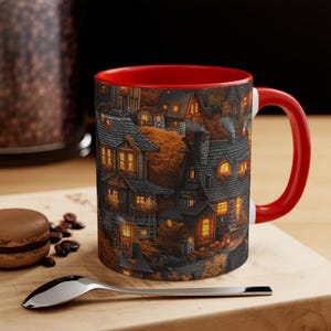 Fall Village Mug - Wood Style, Rustic Fall Coffee Cup, Pumpkin Mug, Fall Leaves Mug, Halloween Coffee Mug, Thanksgiving decor, Autumn Mug