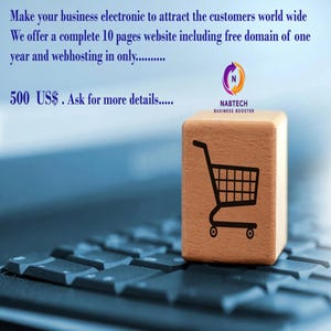 Op de afbeelding: Een houten blok met een zwart winkelwagen-pictogram, geplaatst op een laptoptoetsenbord. Het blok heeft de tekst "NABTECH BUSINESS BOOSTER". De afbeelding bevat ook tekst over website services.