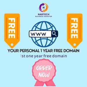 May include: A promotional graphic with a light blue background. It features a globe with a search bar containing "WWW", flanked by orange tags that say "FREE". Text reads "YOUR PERSONAL 1 YEAR FREE DOMAIN" and "ORDER NOW".