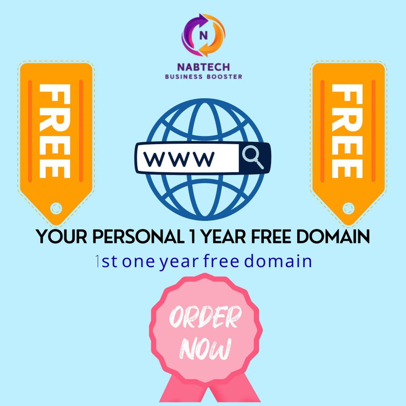 May include: A promotional graphic with a light blue background. It features a globe with a search bar containing "WWW", flanked by orange tags that say "FREE". Text reads "YOUR PERSONAL 1 YEAR FREE DOMAIN" and "ORDER NOW".