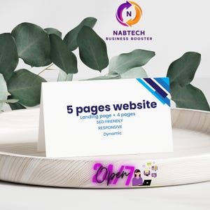 May include: A white card displays "5 pages website" with details: Landing page + 4 pages, SEO FRIENDLY, RESPONSIVE, and Dynamic. The Nabtech Business Booster logo is at the top. The card is on a wooden tray with green leaves in the background.