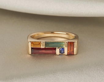 Mosaic Multi-Gemstone Signet Ring, Baguette Cut Gold&Silver Women's Engagement Band