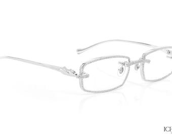 Silver Frame Moissanite Diamond Glasses: Fully Iced Out Hip Hop Rapper Style Goggles