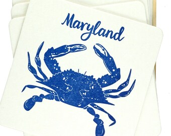 Crab Drink Coasters | Maryland Blue Crab Letterpress Coasters |Crab Feast, Beach Party, Birthday Coasters, Hostess Gift, Classic Blue
