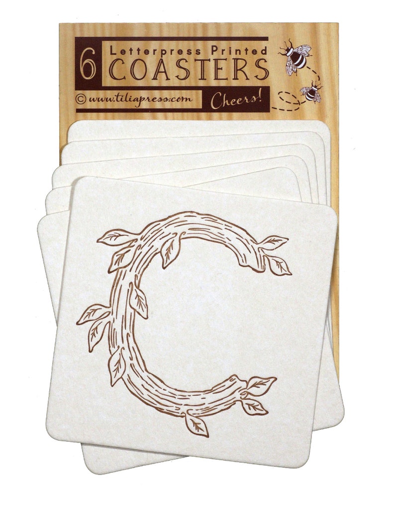 Monogram Letter C Letterpress Woodgrain Coaster