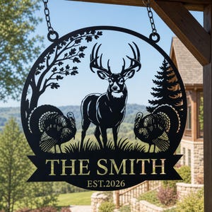 Plaque métallique personnalisée avec nom de famille, motif cerf et dinde, date de fondation, décoration murale extérieure, monogramme de la faune forestière pour chalet ou ferme