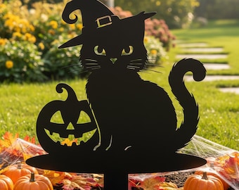 Decoración de Halloween para gatos al aire libre, estaca de jardín con forma de gato y sombrero de bruja, estaca de jardín con forma de gato y calabaza espeluznante, decoración de jardín de metal para gatos de Halloween, estaca de jardín con forma de gato y calabaza