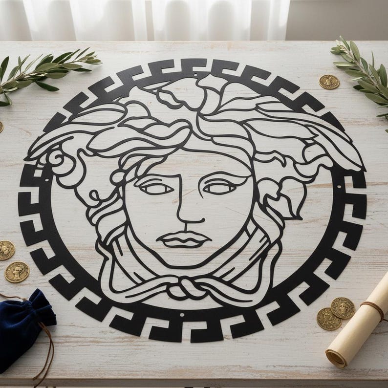 May include: Black metal wall art featuring a Medusa head design within a circular frame. The artwork is placed on a white wooden surface, with decorative elements like coins and greenery surrounding it. The design is a bold, graphic statement.