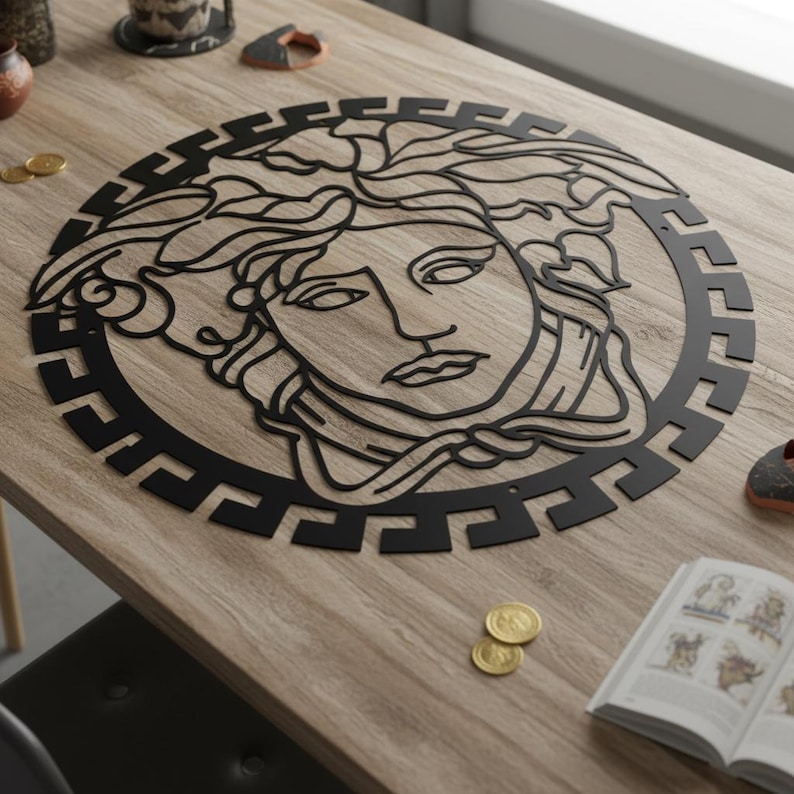 May include: Black metal wall art featuring a stylized Medusa head within a circular frame. The design is intricate, with detailed lines and a geometric border. The artwork is displayed on a light wood surface.