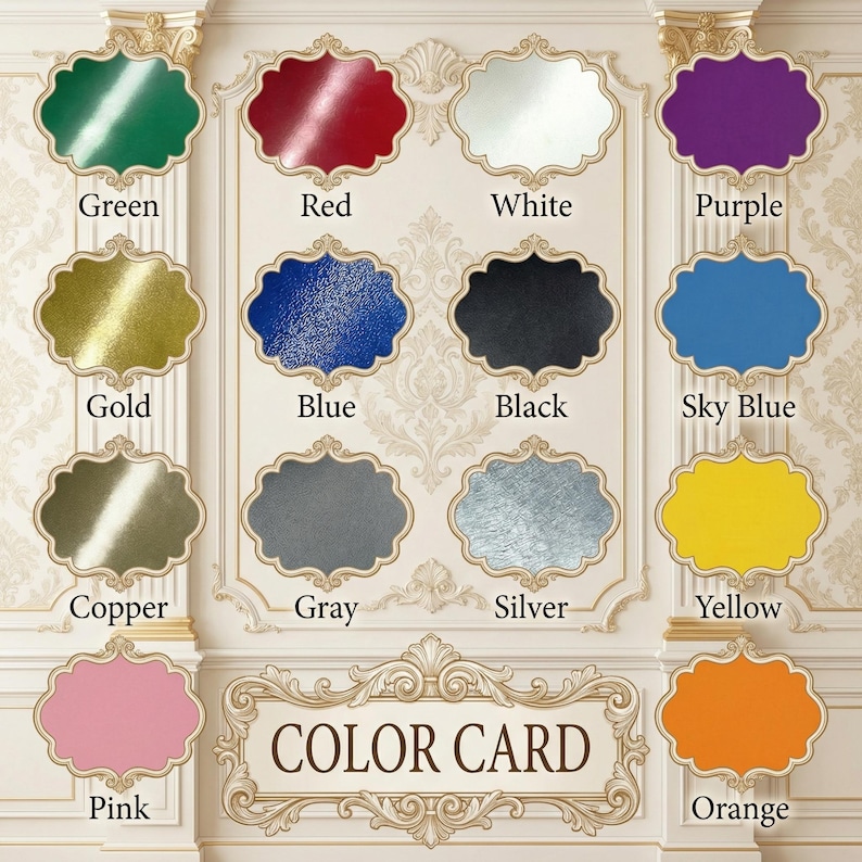 May include: A color card featuring samples of various colors, including green, red, white, purple, gold, blue, black, sky blue, copper, gray, silver, yellow, pink, and orange. The text "COLOR CARD" is displayed at the bottom.