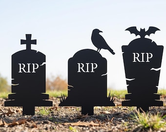 Estaca de jardín con forma de cuervo metálico, decoración de jardín con forma de lápida de murciélago RIP, estaca de jardín espeluznante de Halloween, decoración de jardín con forma de lápida RIP metálica, estaca de Halloween